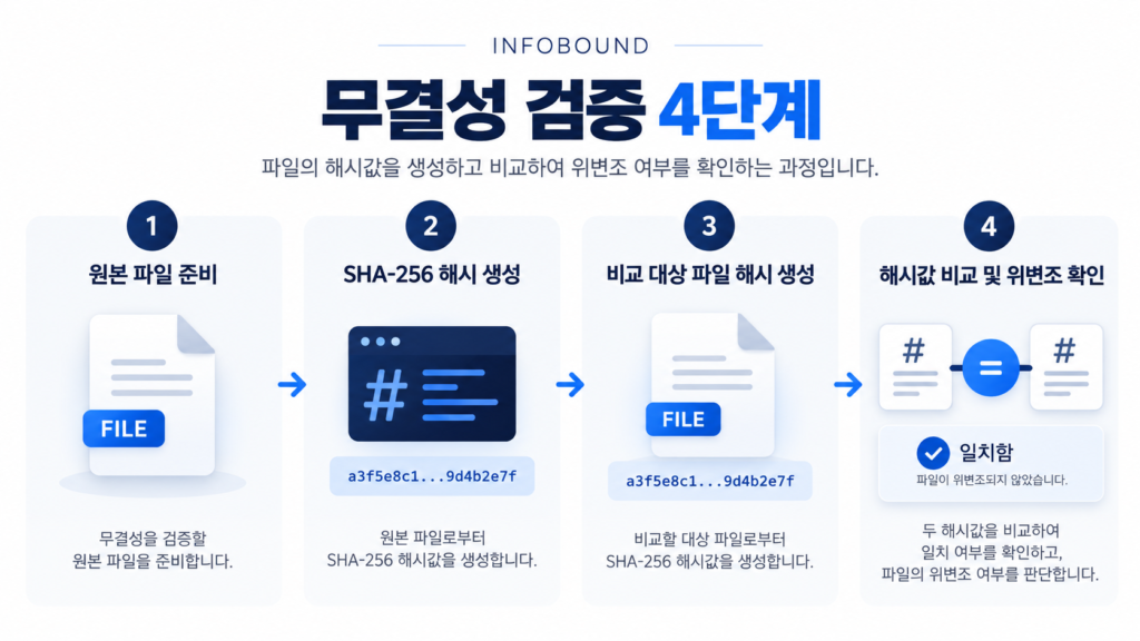 원본 파일 준비부터 SHA-256 해시값 생성, 비교 대상 파일 검사, 해시값 비교까지의 무결성 검증 4단계