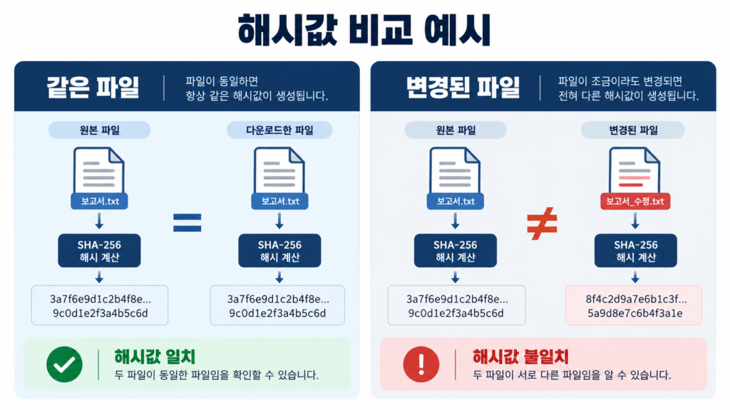 동일한 파일의 SHA-256 해시값 일치와 변경된 파일의 해시값 불일치를 비교